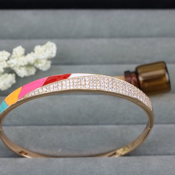 Rose Gold Bangle with Colorful Enamel and Sparkling CZ Stones, XPBL0429 - Picture 8 of 9